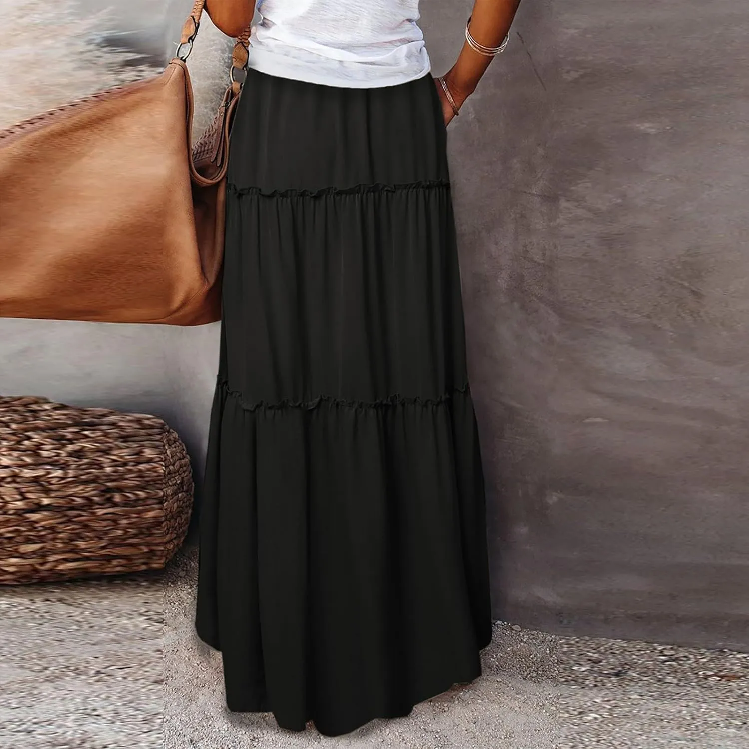 FlekmanArt Pleated Long Skirts for Women Summer Casual Elastic High Waisted Skirts A-Line Flowy Swing Maxi Skirt with Pockets