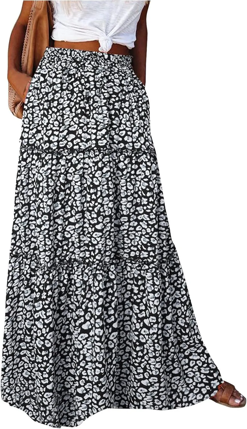 FlekmanArt Womens Summer Boho Flowy Swing Tiered A-Line Maxi Skirt 2025 Fashion Trendy Elastic Waist Pleated Long Beach Dress
