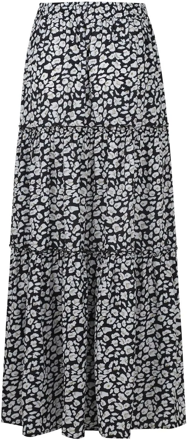 FlekmanArt Womens Summer Boho Flowy Swing Tiered A-Line Maxi Skirt 2025 Fashion Trendy Elastic Waist Pleated Long Beach Dress