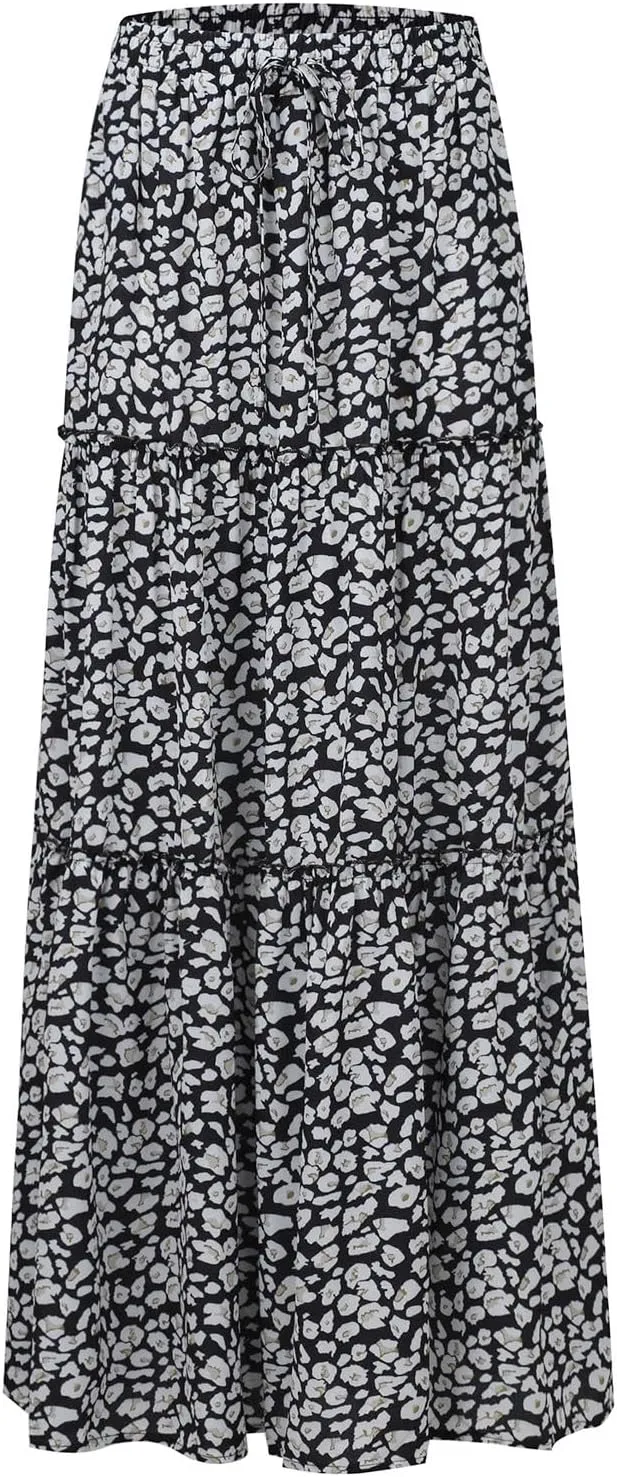 FlekmanArt Womens Summer Boho Flowy Swing Tiered A-Line Maxi Skirt 2025 Fashion Trendy Elastic Waist Pleated Long Beach Dress