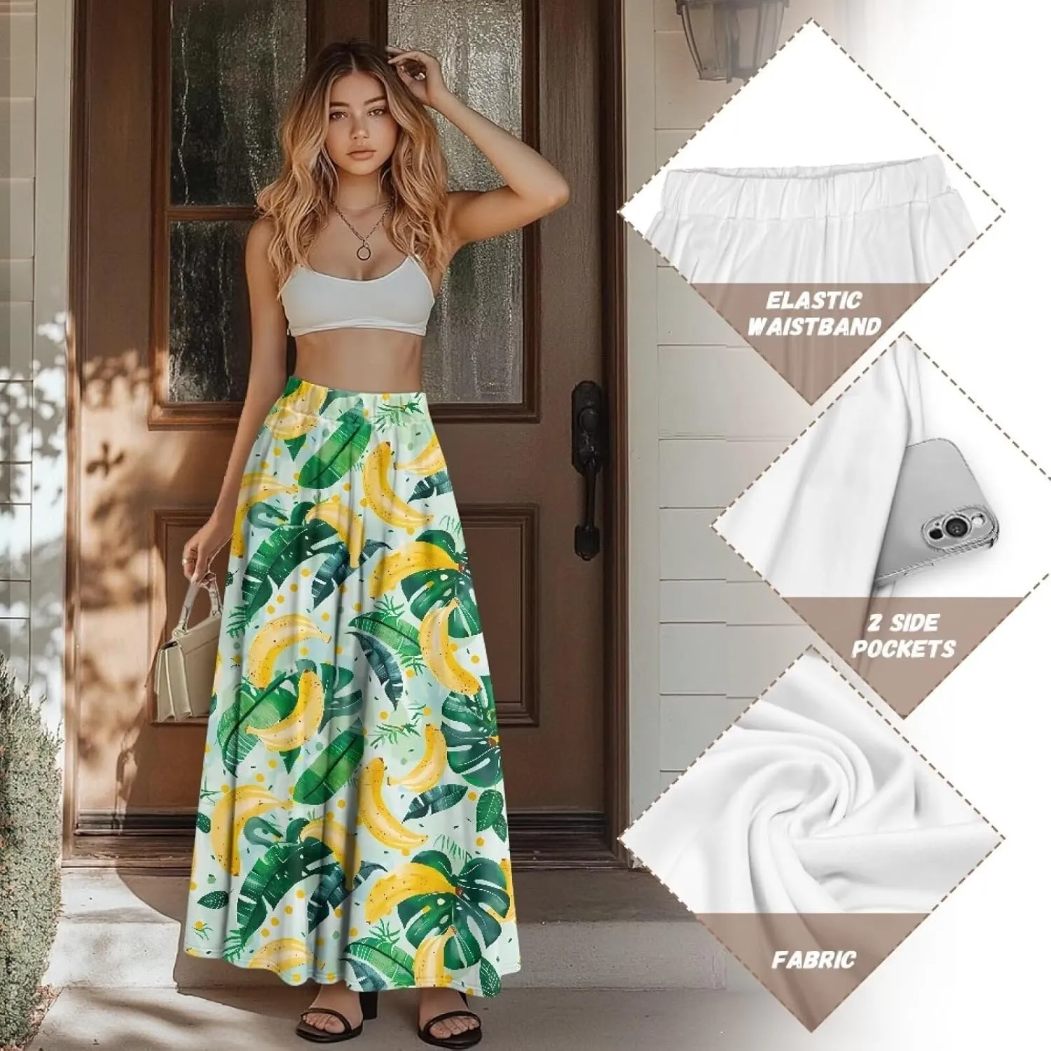 Flowy Skirt Midi Length Elastic High Waist A-Line Skirt with Pockets for Women Summer Trendy(S-2XL)