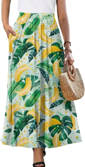 Flowy Skirt Midi Length Elastic High Waist A-Line Skirt with Pockets for Women Summer Trendy(S-2XL)