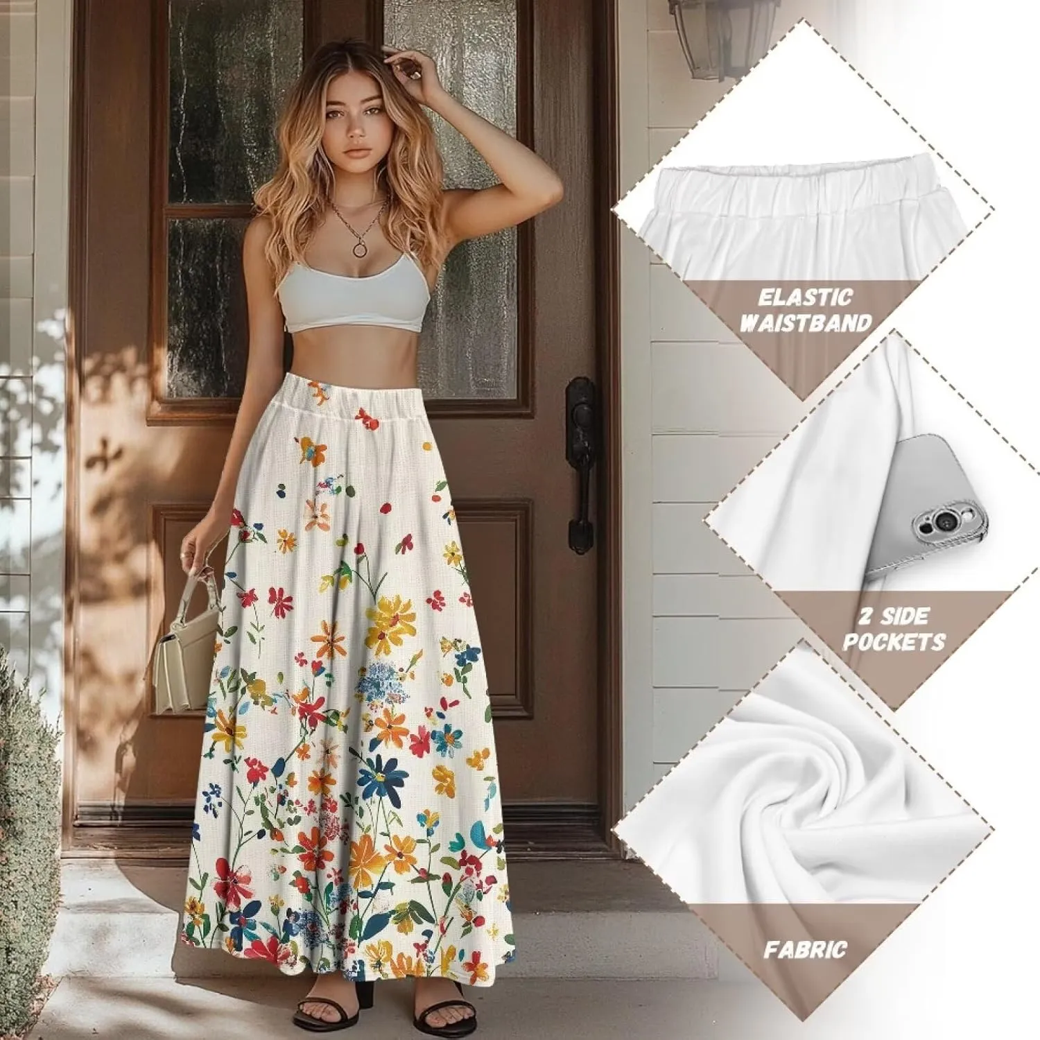 Flowy Skirt Midi Length Elastic High Waist A-Line Skirt with Pockets for Women Summer Trendy(S-2XL)