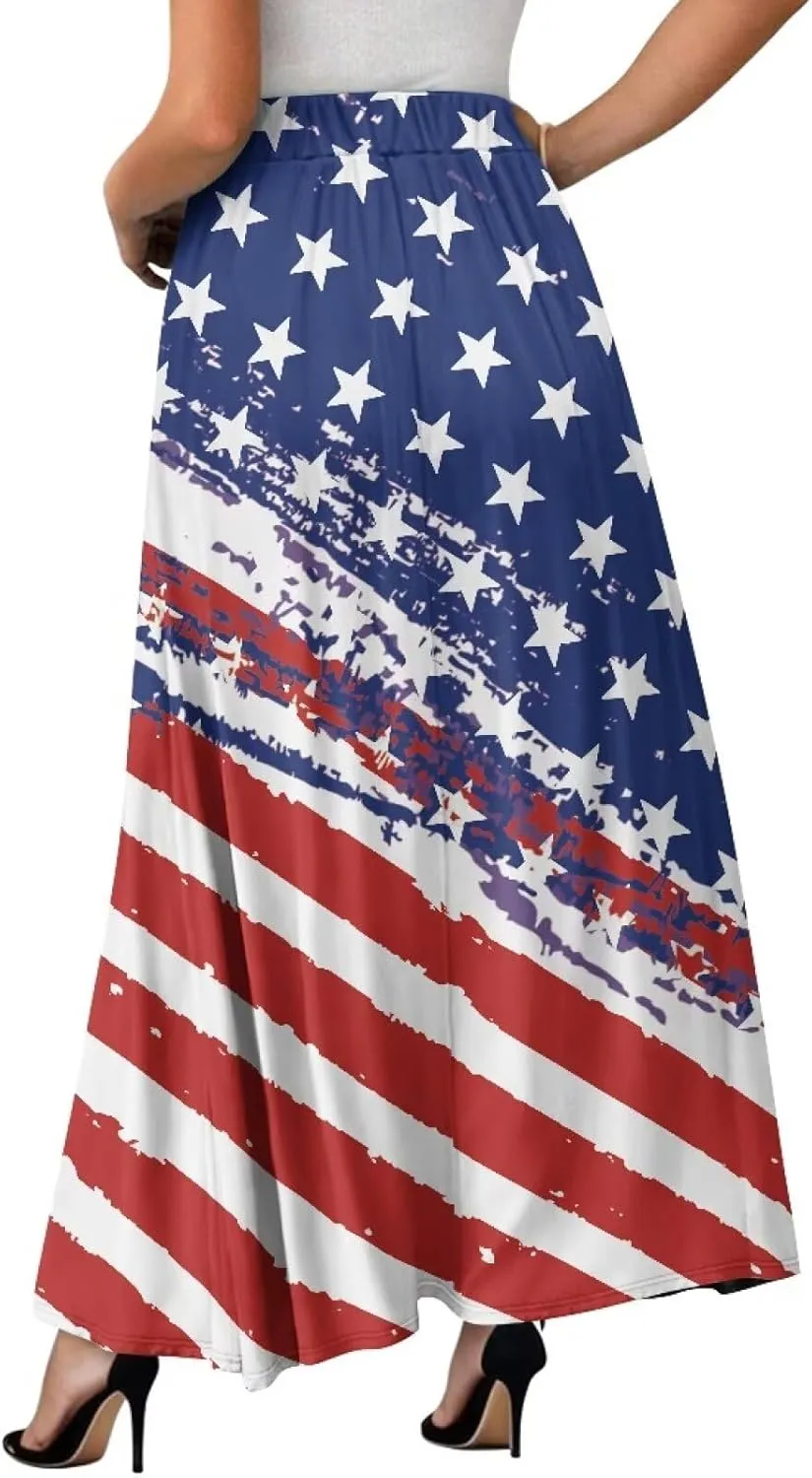 Flowy Skirt Midi Length Elastic High Waist A-Line Skirt with Pockets for Women Summer Trendy(S-2XL)