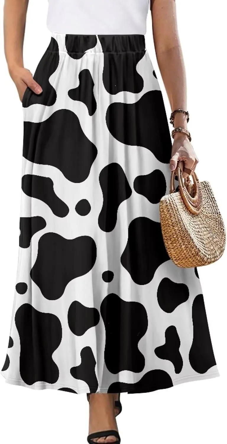 Flowy Skirt Midi Length Elastic High Waist A-Line Skirt with Pockets for Women Summer Trendy(S-2XL)