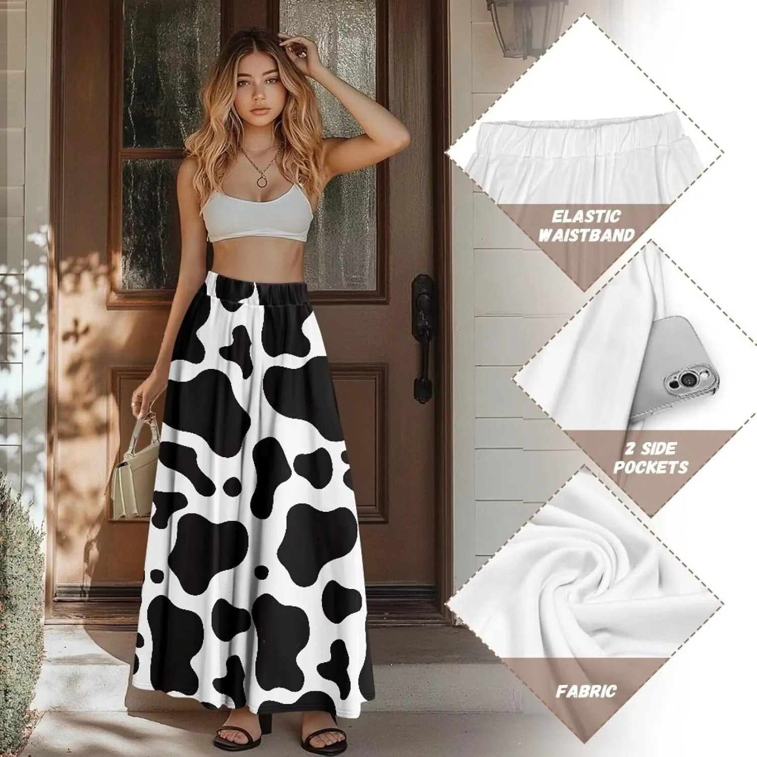Flowy Skirt Midi Length Elastic High Waist A-Line Skirt with Pockets for Women Summer Trendy(S-2XL)