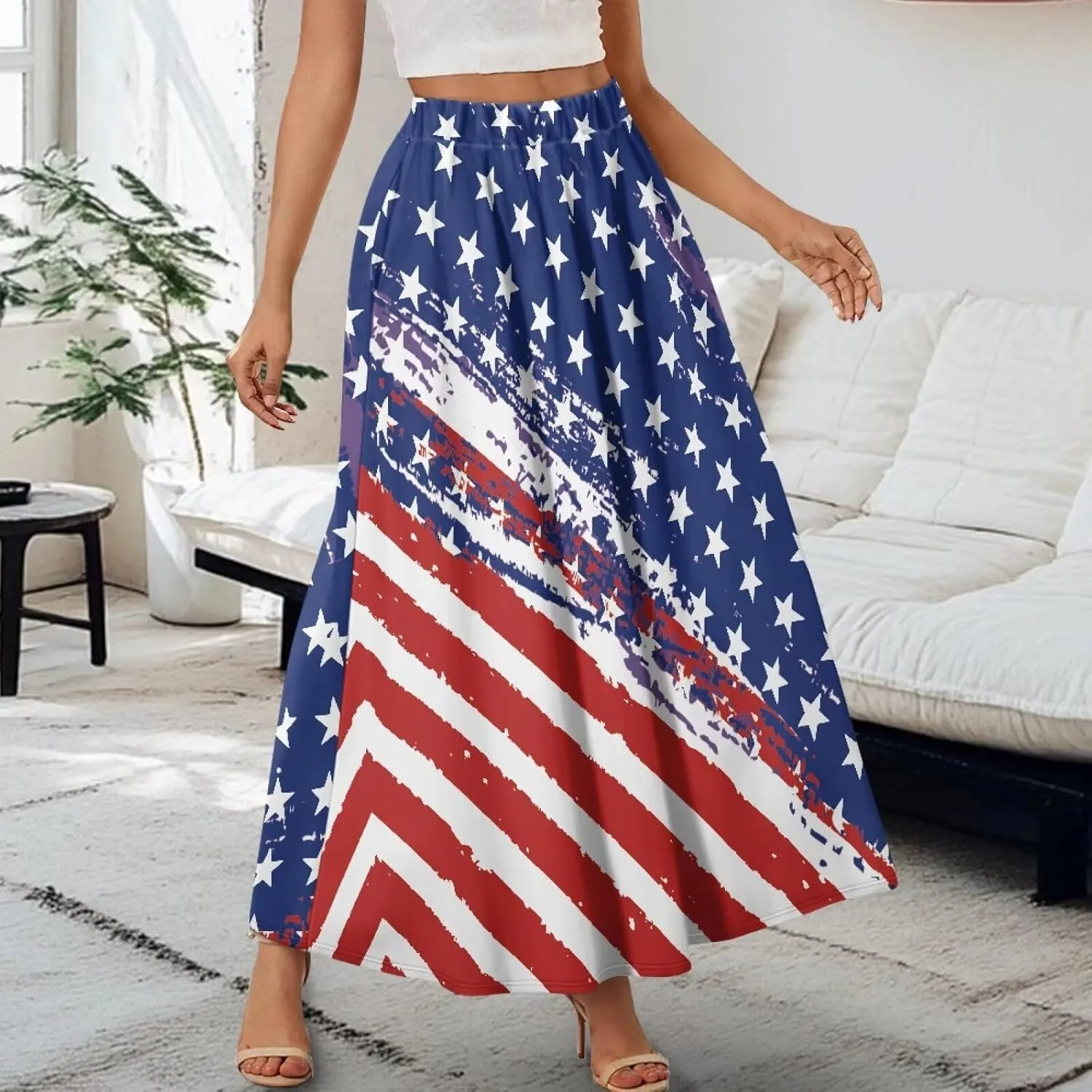 Flowy Skirt Midi Length Elastic High Waist A-Line Skirt with Pockets for Women Summer Trendy(S-2XL)