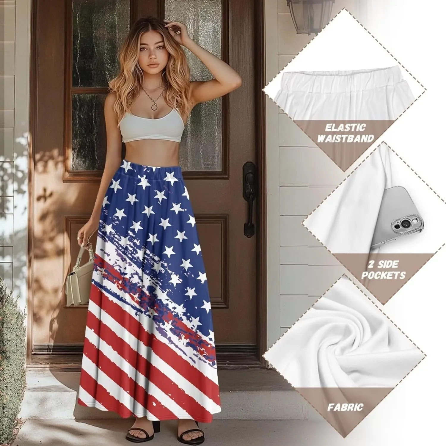 Flowy Skirt Midi Length Elastic High Waist A-Line Skirt with Pockets for Women Summer Trendy(S-2XL)