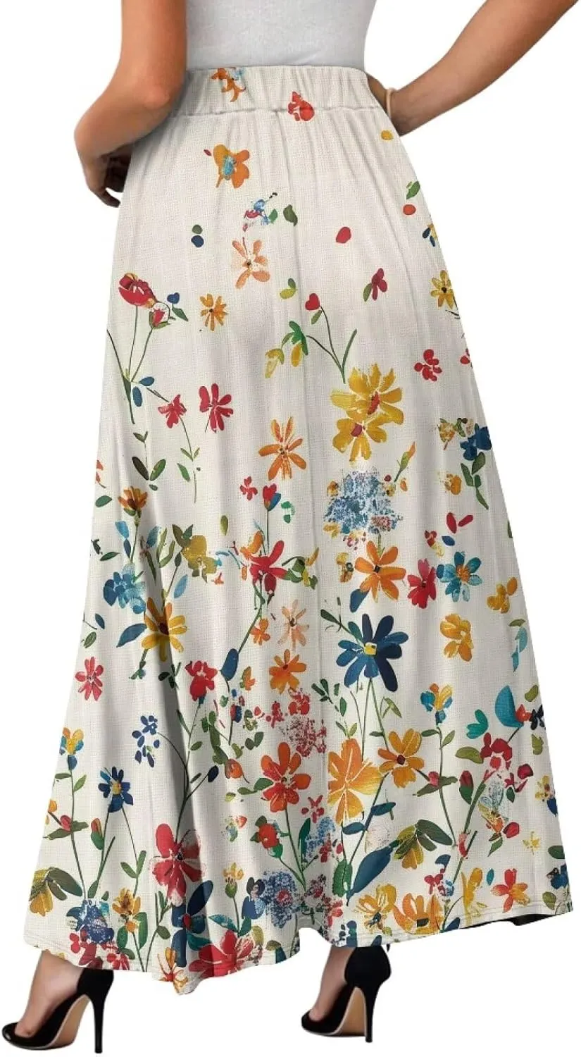 Flowy Skirt Midi Length Elastic High Waist A-Line Skirt with Pockets for Women Summer Trendy(S-2XL)