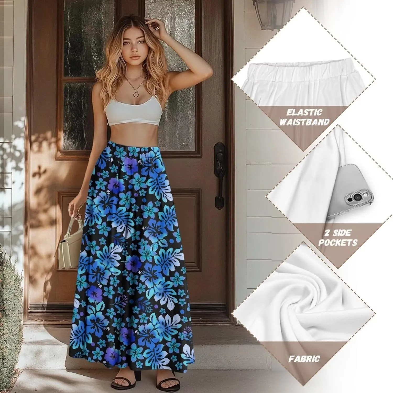 Flowy Skirt Midi Length Elastic High Waist A-Line Skirt with Pockets for Women Summer Trendy(S-2XL)