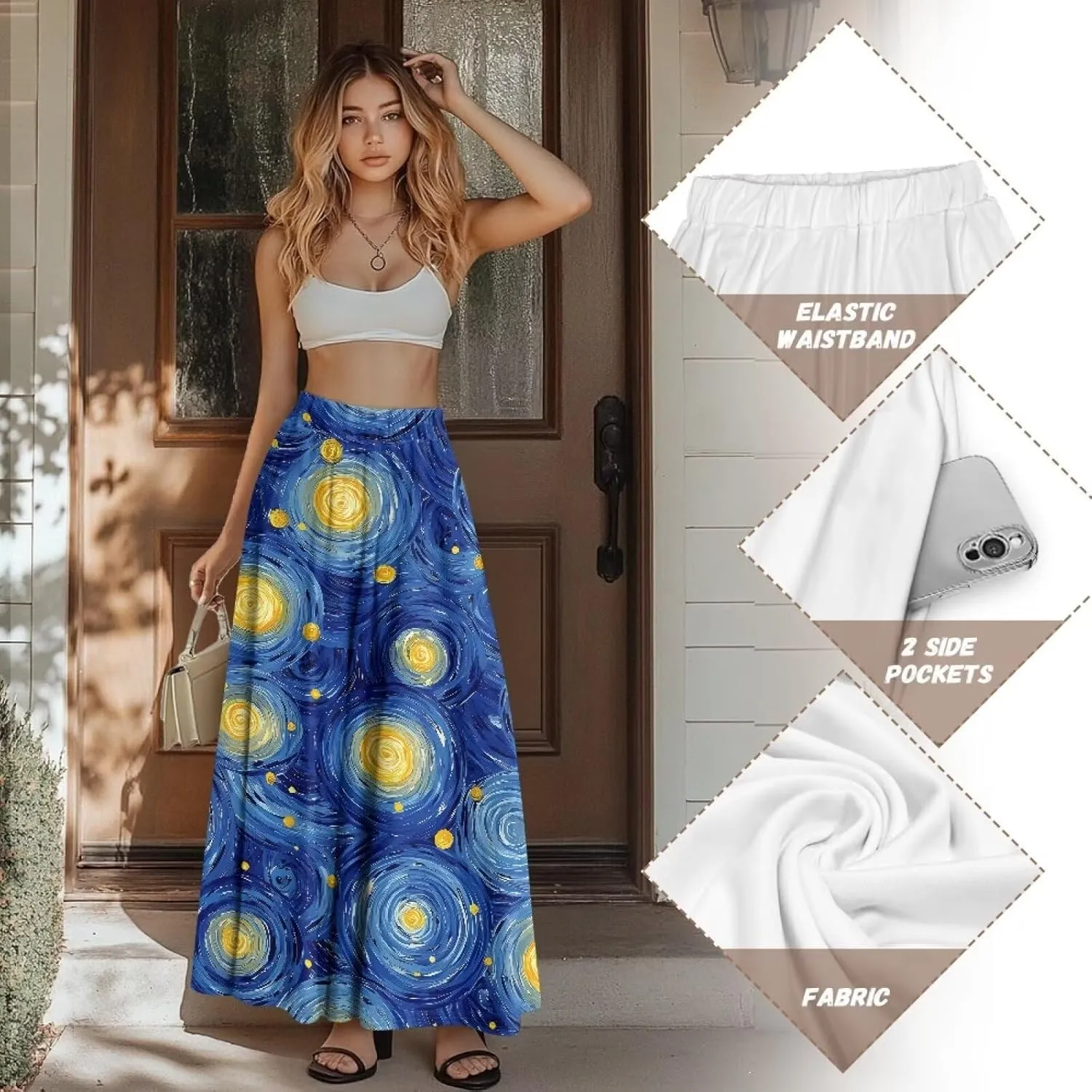 Flowy Skirt Midi Length Elastic High Waist A-Line Skirt with Pockets for Women Summer Trendy(S-2XL)
