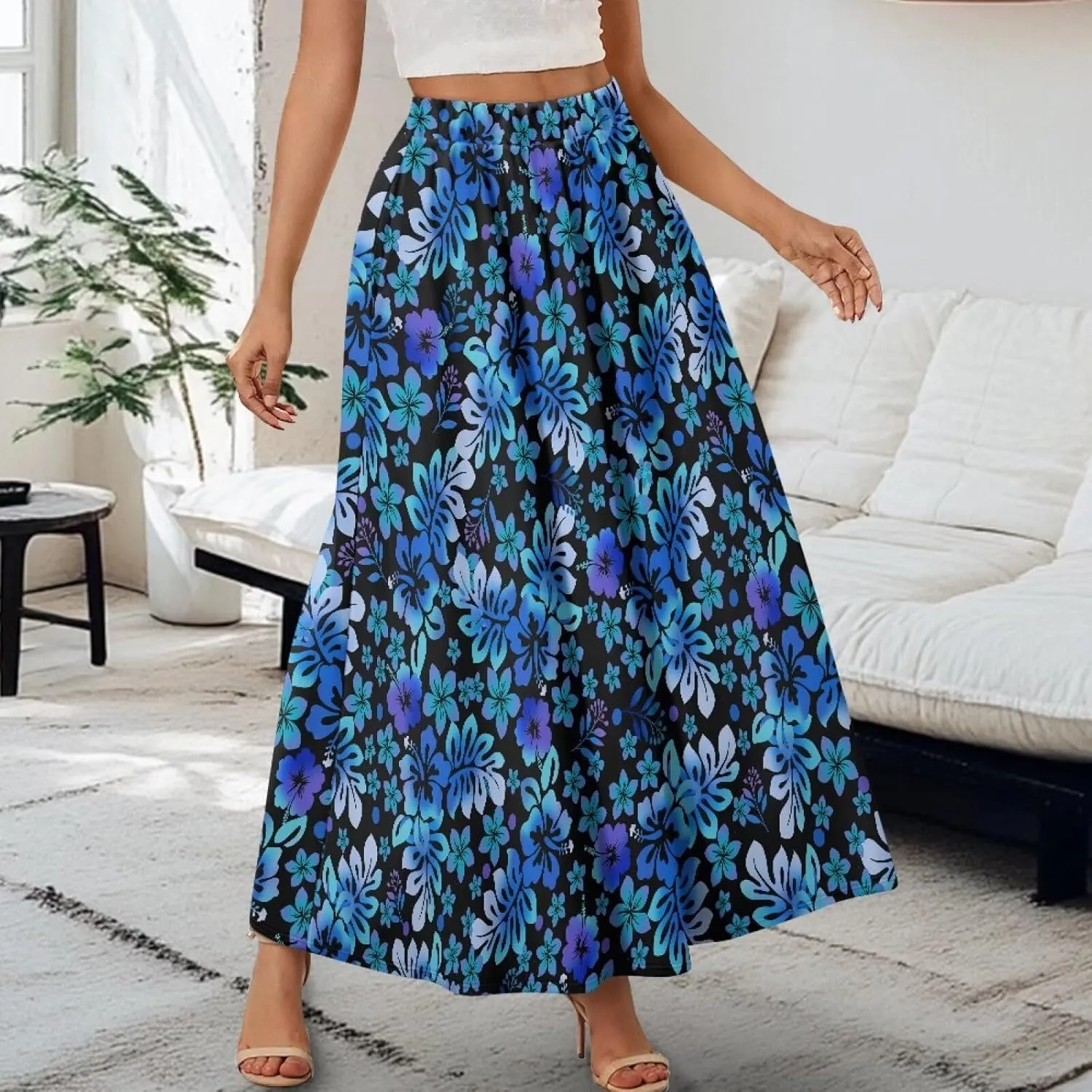 Flowy Skirt Midi Length Elastic High Waist A-Line Skirt with Pockets for Women Summer Trendy(S-2XL)