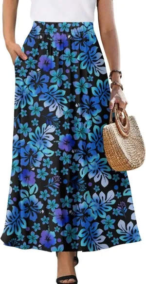 Flowy Skirt Midi Length Elastic High Waist A-Line Skirt with Pockets for Women Summer Trendy(S-2XL)
