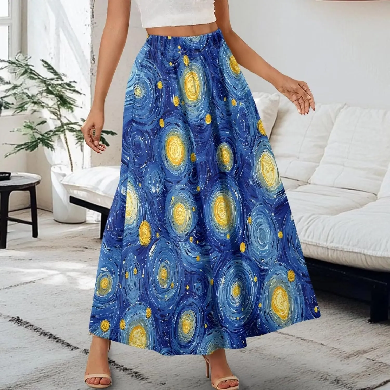 Flowy Skirt Midi Length Elastic High Waist A-Line Skirt with Pockets for Women Summer Trendy(S-2XL)