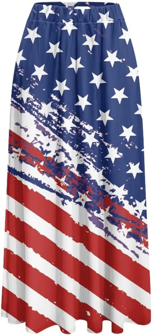 Flowy Skirt Midi Length Elastic High Waist A-Line Skirt with Pockets for Women Summer Trendy(S-2XL)