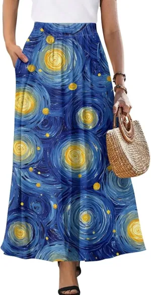 Flowy Skirt Midi Length Elastic High Waist A-Line Skirt with Pockets for Women Summer Trendy(S-2XL)