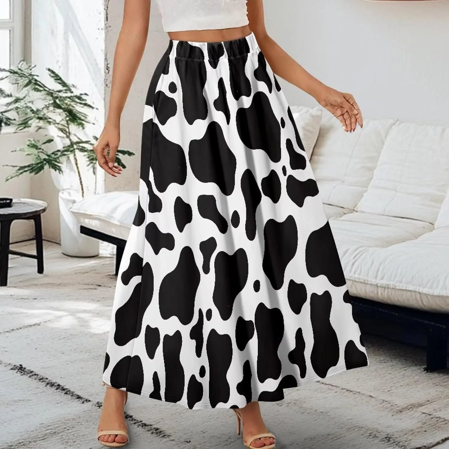 Flowy Skirt Midi Length Elastic High Waist A-Line Skirt with Pockets for Women Summer Trendy(S-2XL)