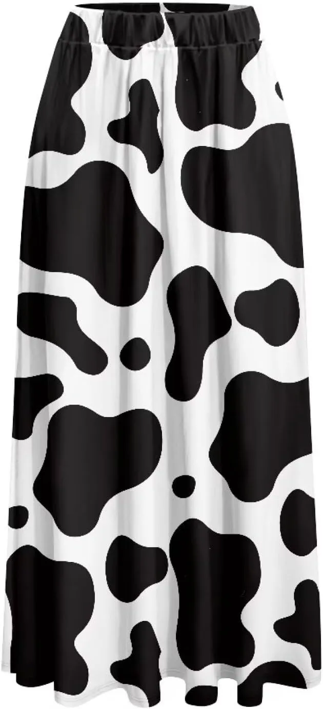 Flowy Skirt Midi Length Elastic High Waist A-Line Skirt with Pockets for Women Summer Trendy(S-2XL)