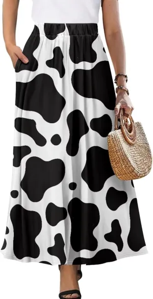 Flowy Skirt Midi Length Elastic High Waist A-Line Skirt with Pockets for Women Summer Trendy(S-2XL)