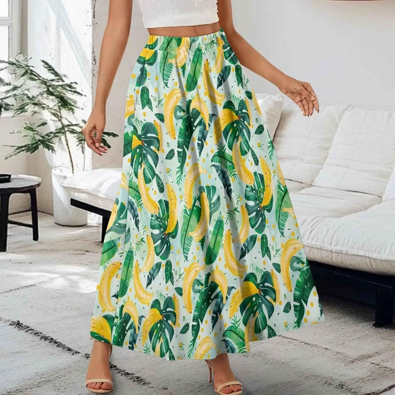 Flowy Skirt Midi Length Elastic High Waist A-Line Skirt with Pockets for Women Summer Trendy(S-2XL)