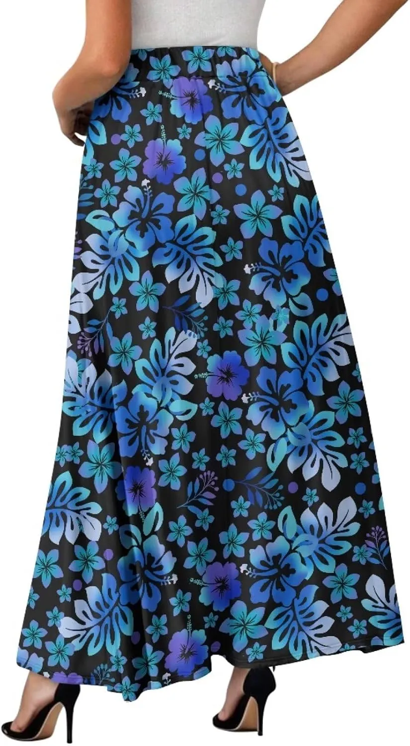 Flowy Skirt Midi Length Elastic High Waist A-Line Skirt with Pockets for Women Summer Trendy(S-2XL)