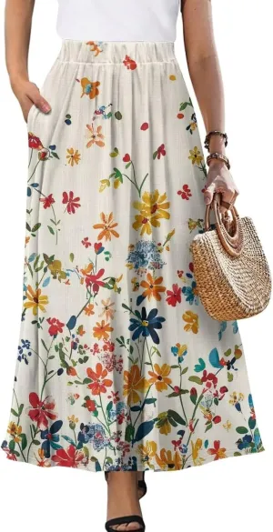 Flowy Skirt Midi Length Elastic High Waist A-Line Skirt with Pockets for Women Summer Trendy(S-2XL)