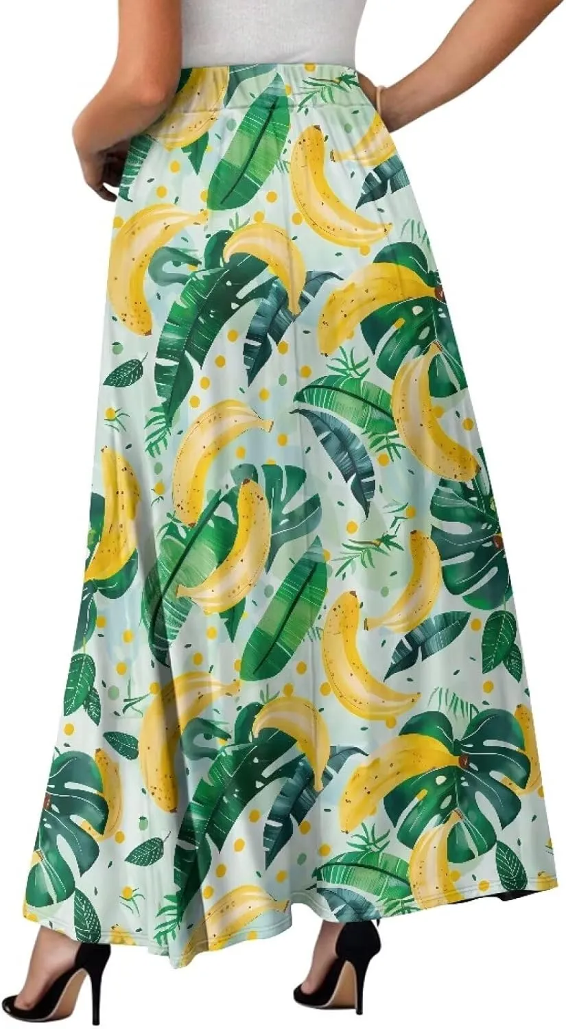 Flowy Skirt Midi Length Elastic High Waist A-Line Skirt with Pockets for Women Summer Trendy(S-2XL)