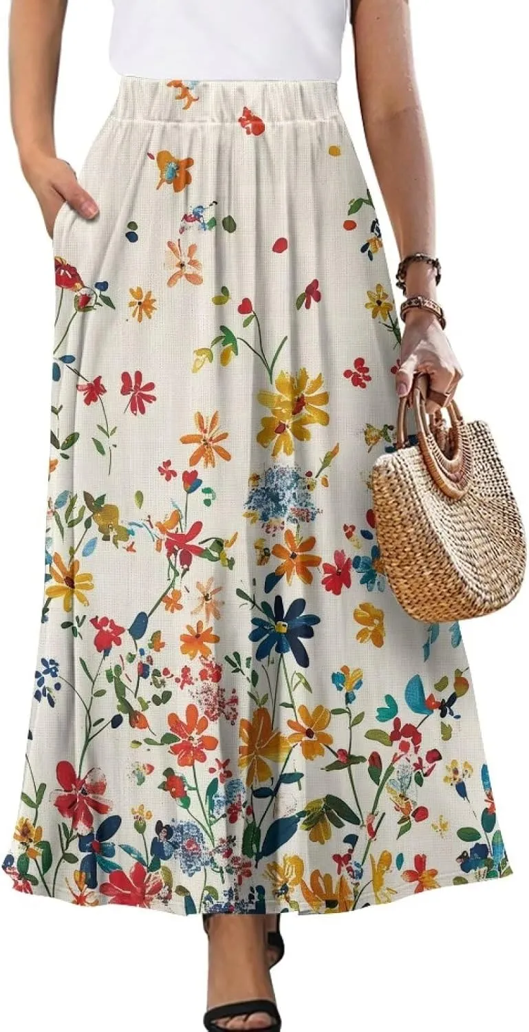 Flowy Skirt Midi Length Elastic High Waist A-Line Skirt with Pockets for Women Summer Trendy(S-2XL)