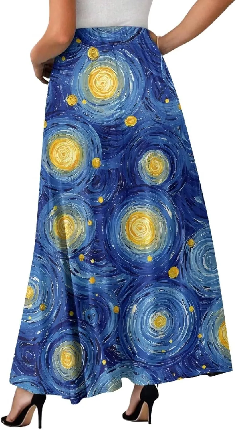 Flowy Skirt Midi Length Elastic High Waist A-Line Skirt with Pockets for Women Summer Trendy(S-2XL)
