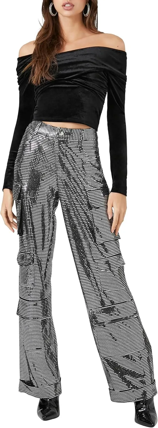 Forever 21 Women's Metallic Wide-Leg Cargo Pants