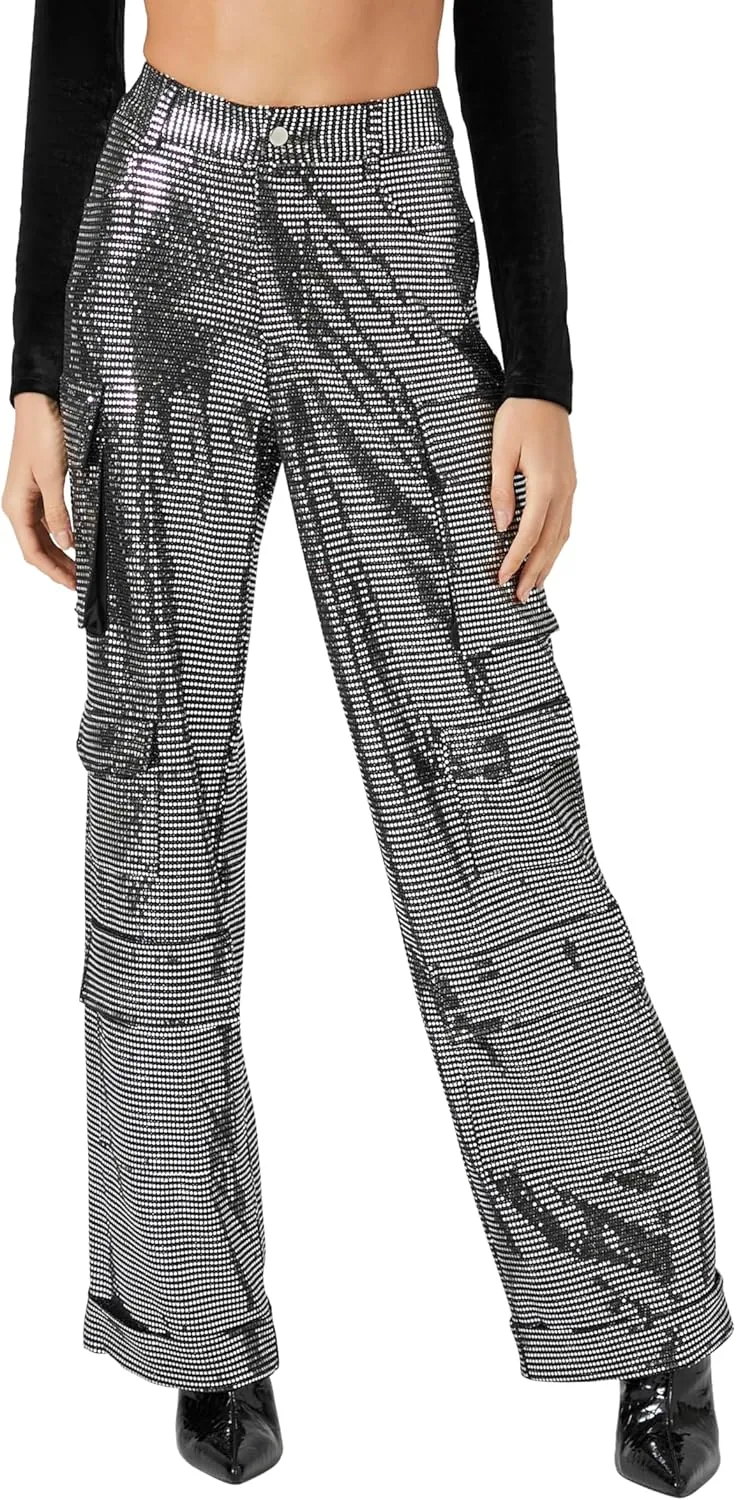 Forever 21 Women's Metallic Wide-Leg Cargo Pants