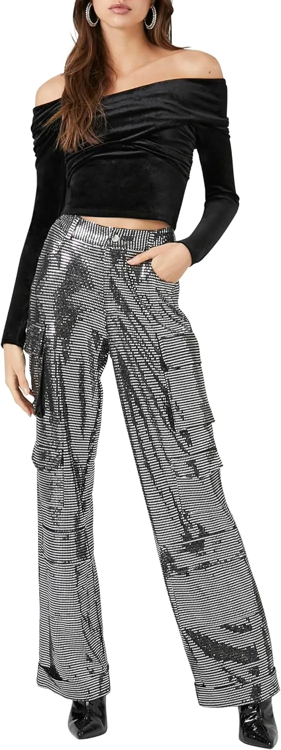 Forever 21 Women's Metallic Wide-Leg Cargo Pants