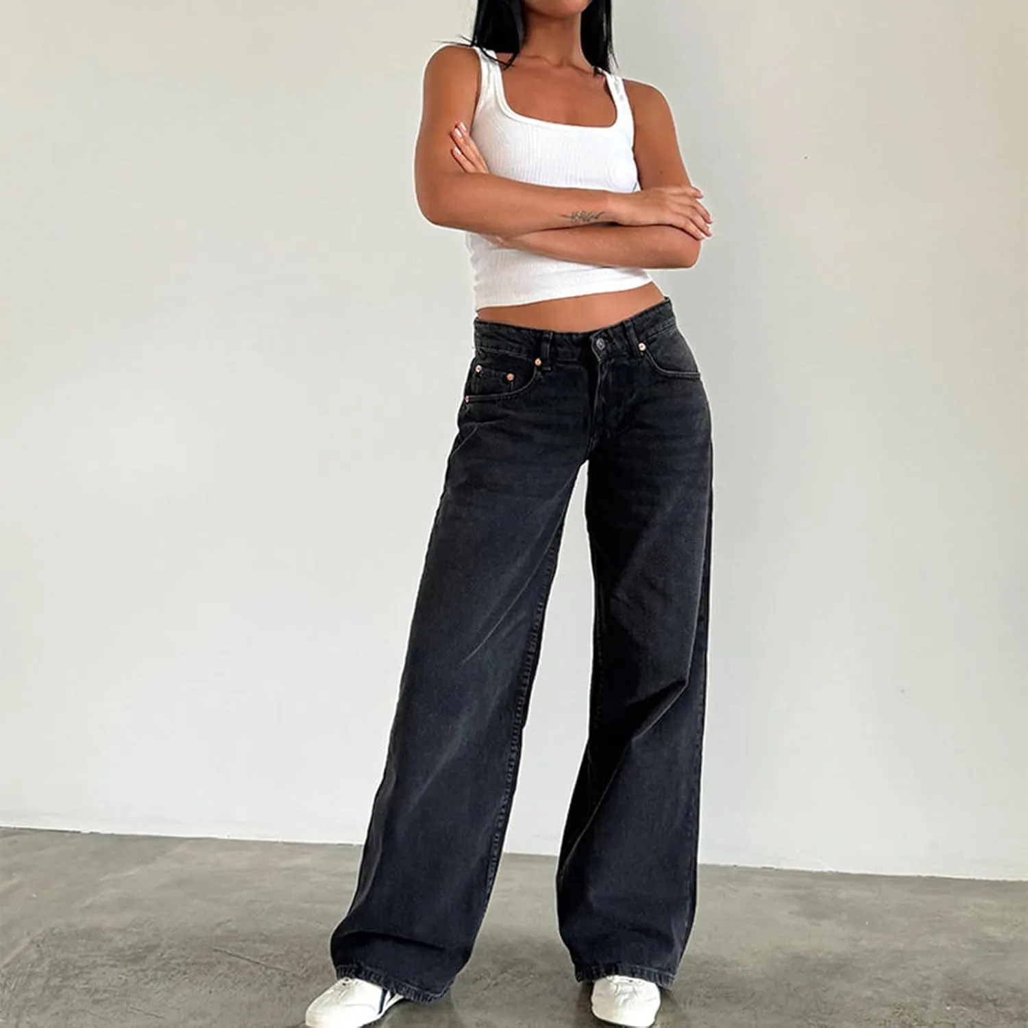 Giraropa Women Y2k Low Rise Jeans Vintage Baggy Straight Wide Leg Boyfriend Jeans Casual Loose Fit Long Denim Pants