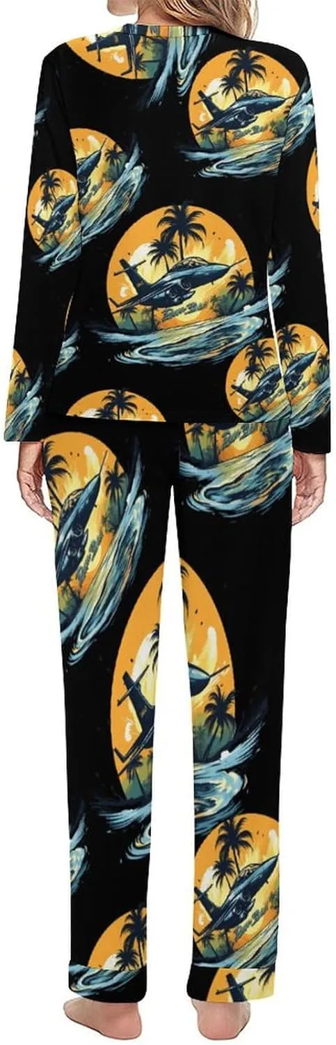Hawaii Beach Fighter Women's Pajama Set Long Sleeve Pj Sets Casual Two Piece Loungewear Soft Sleepwear