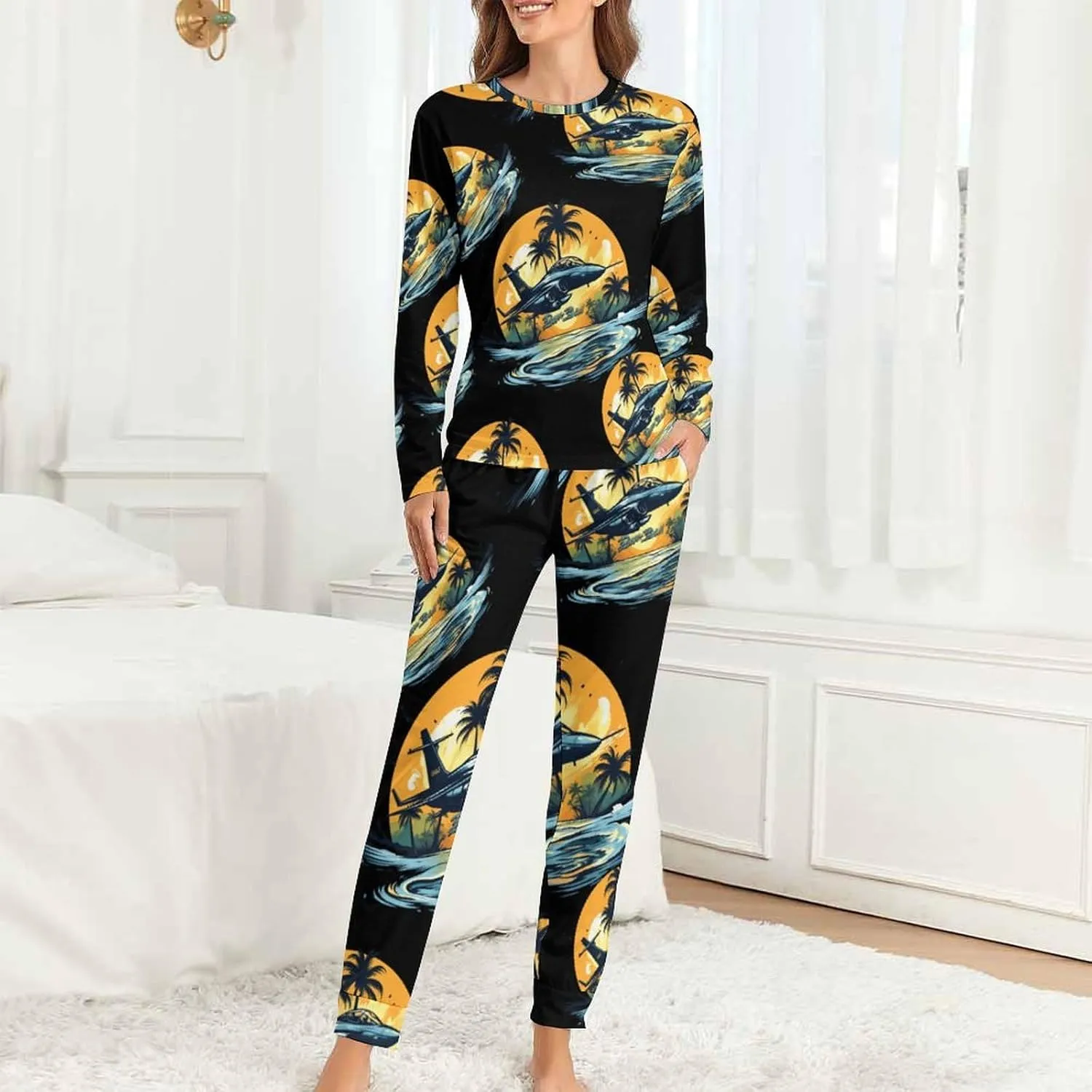 Hawaii Beach Fighter Women's Pajama Set Long Sleeve Pj Sets Casual Two Piece Loungewear Soft Sleepwear