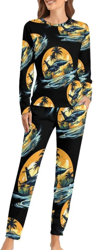 Hawaii Beach Fighter Women's Pajama Set Long Sleeve Pj Sets Casual Two Piece Loungewear Soft Sleepwear