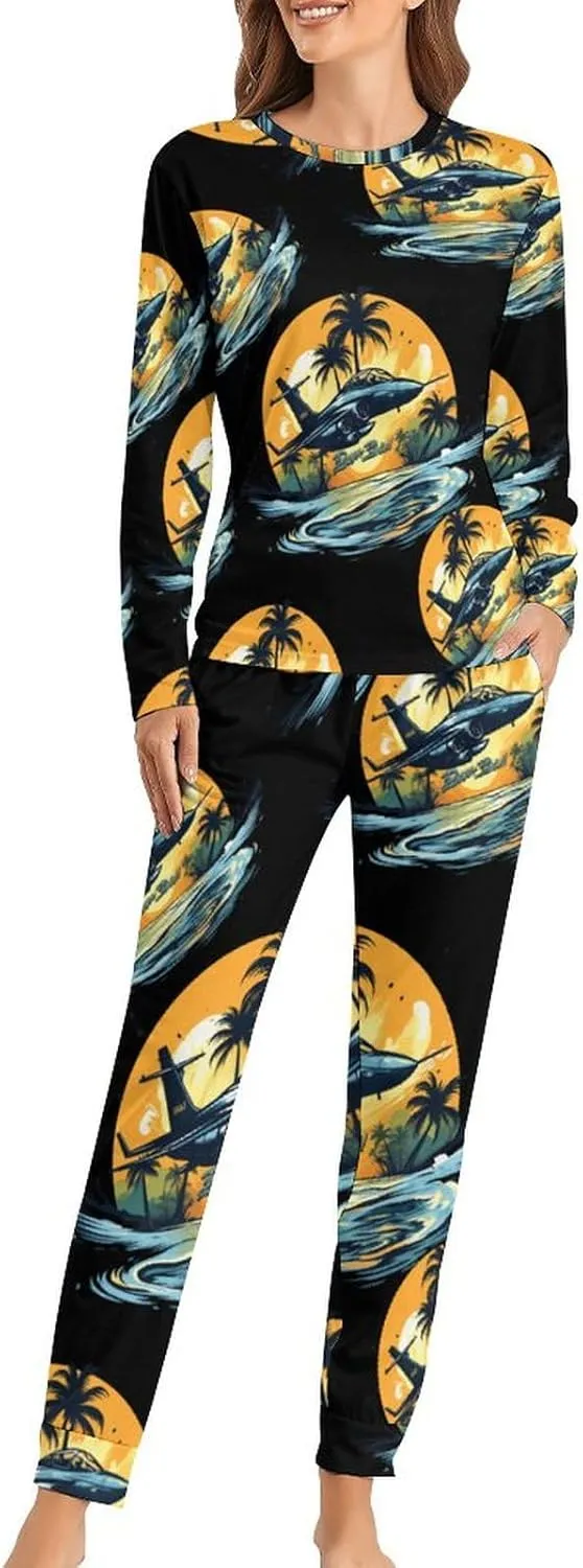 Hawaii Beach Fighter Women's Pajama Set Long Sleeve Pj Sets Casual Two Piece Loungewear Soft Sleepwear
