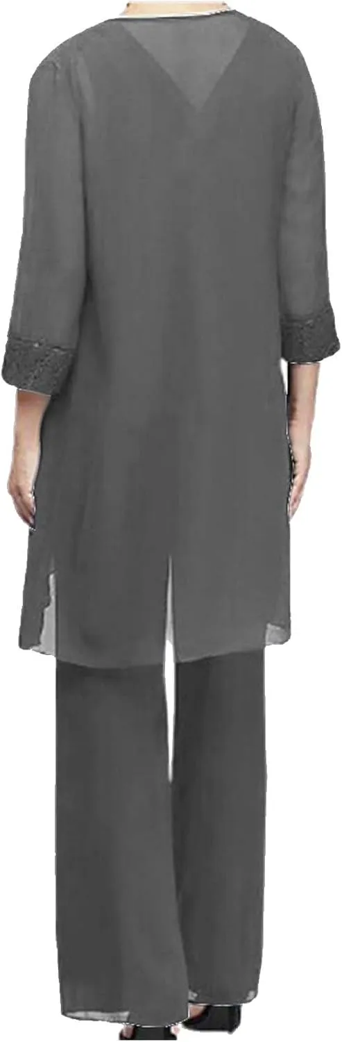 HGps8w Women's Chiffon 3 Pieces Pants Suits, Elegant Lace Mother of Bride Dressy Sets Wedding Guest Formal Evening Outfits