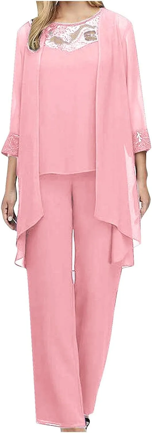 HGps8w Women's Chiffon 3 Pieces Pants Suits, Elegant Lace Mother of Bride Dressy Sets Wedding Guest Formal Evening Outfits