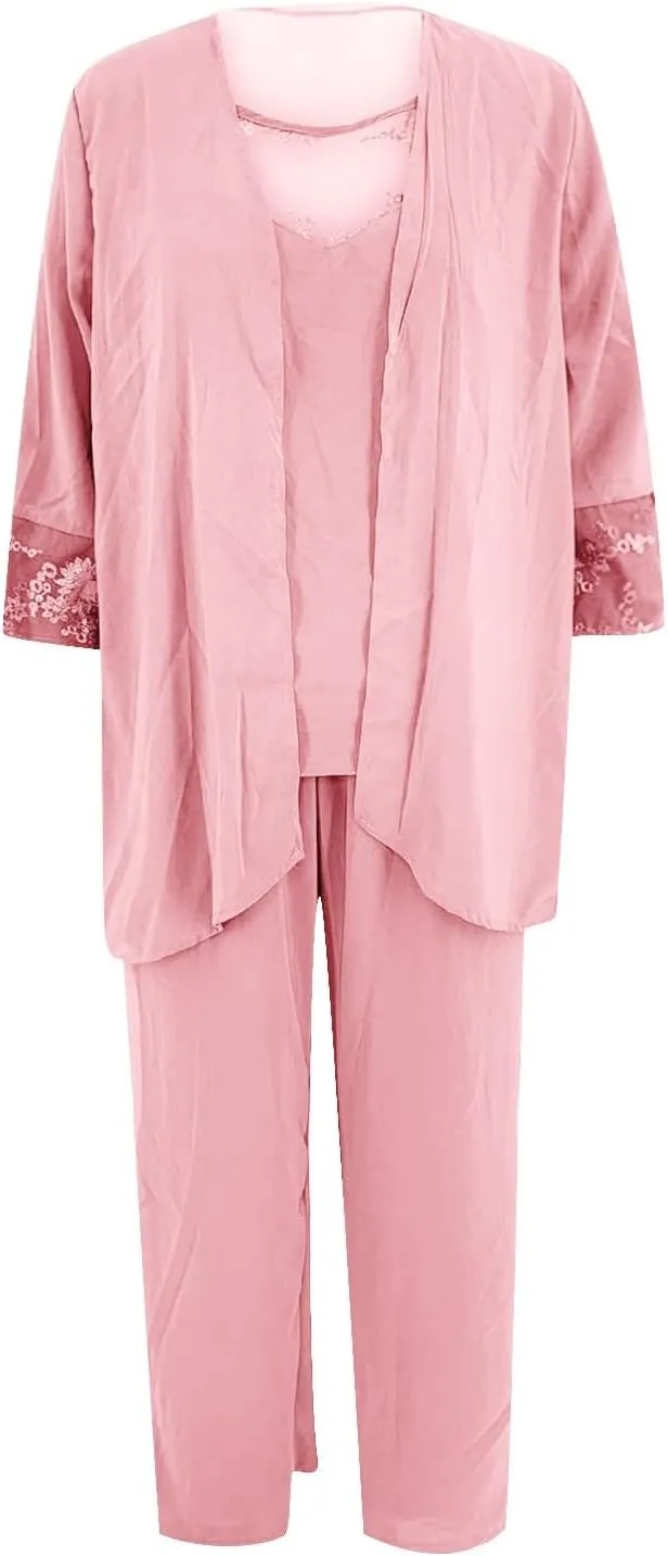 HGps8w Women's Chiffon 3 Pieces Pants Suits, Elegant Lace Mother of Bride Dressy Sets Wedding Guest Formal Evening Outfits