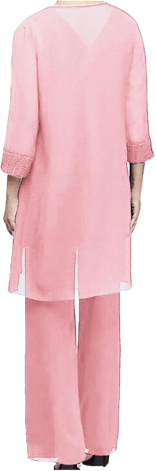 HGps8w Women's Chiffon 3 Pieces Pants Suits, Elegant Lace Mother of Bride Dressy Sets Wedding Guest Formal Evening Outfits