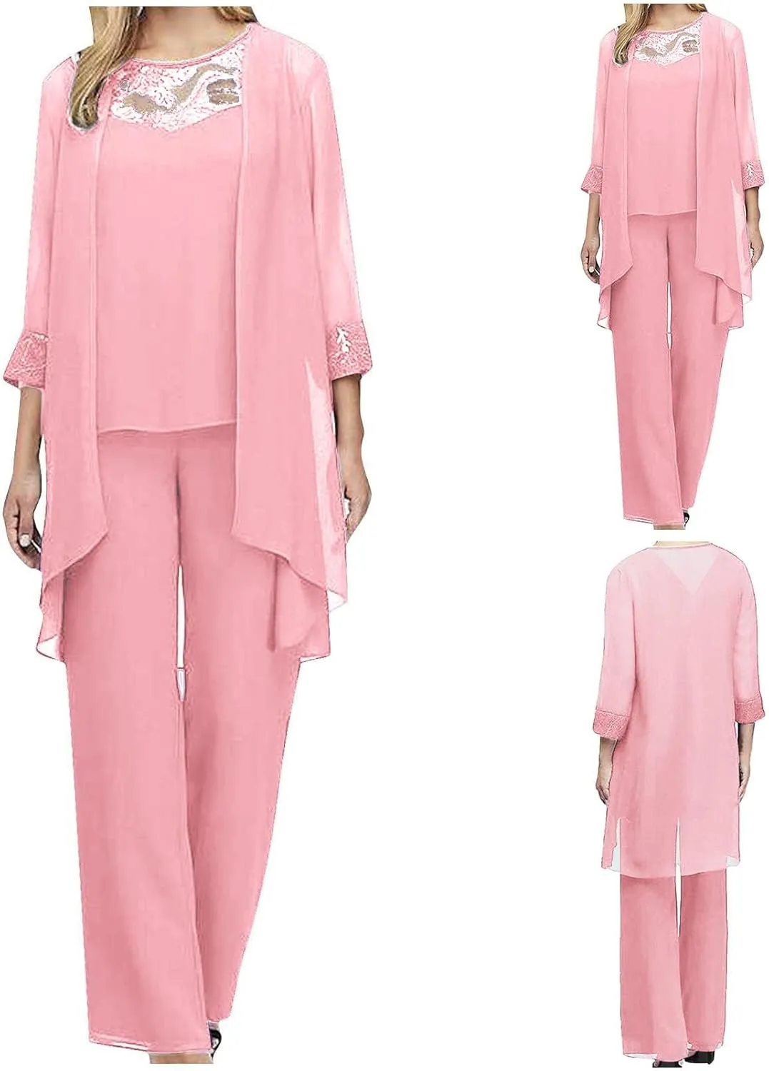 HGps8w Women's Chiffon 3 Pieces Pants Suits, Elegant Lace Mother of Bride Dressy Sets Wedding Guest Formal Evening Outfits