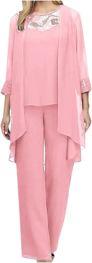 HGps8w Women's Chiffon 3 Pieces Pants Suits, Elegant Lace Mother of Bride Dressy Sets Wedding Guest Formal Evening Outfits