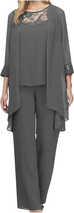 HGps8w Women's Chiffon 3 Pieces Pants Suits, Elegant Lace Mother of Bride Dressy Sets Wedding Guest Formal Evening Outfits