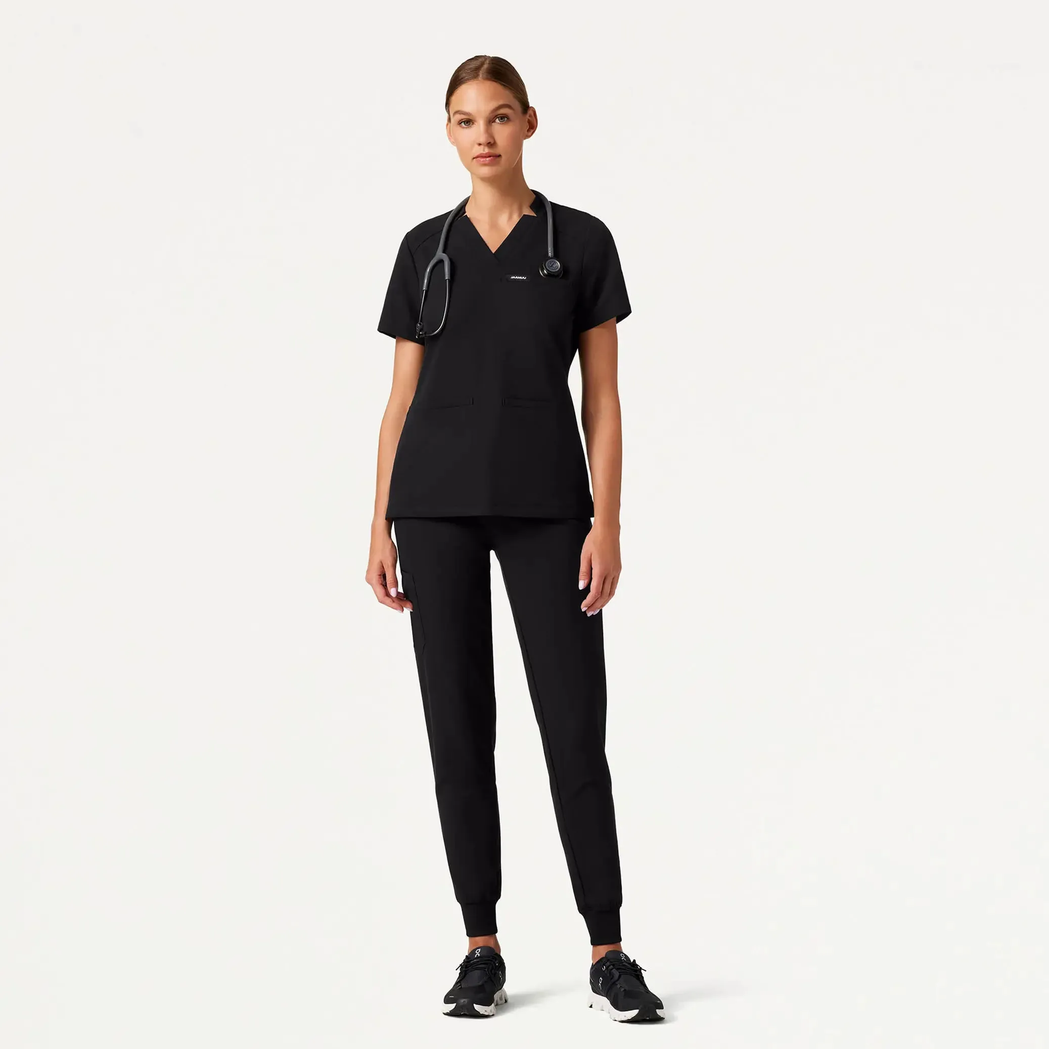 Jaanuu Women's Helia Slim Notched V-Neck Scrub Top - Black