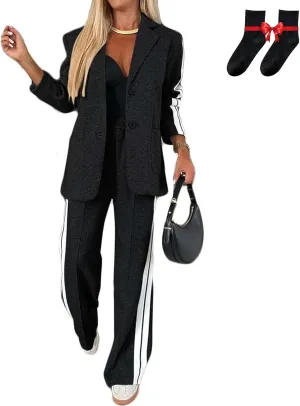 Jasperbelly Women's Lapel Long Sleeve Casual Suit, Jasper Belly Fall Loose Jacket and Wide Leg Pants with Pockets Set