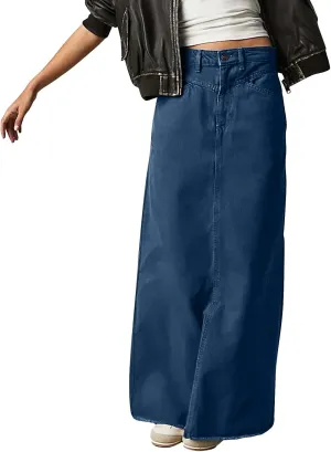 Jean Skirts for Women Denim High Waisted Vintage Raw Hem Long Denim Skirt Summer A-line Y2k Maxi Skirt with Pockets