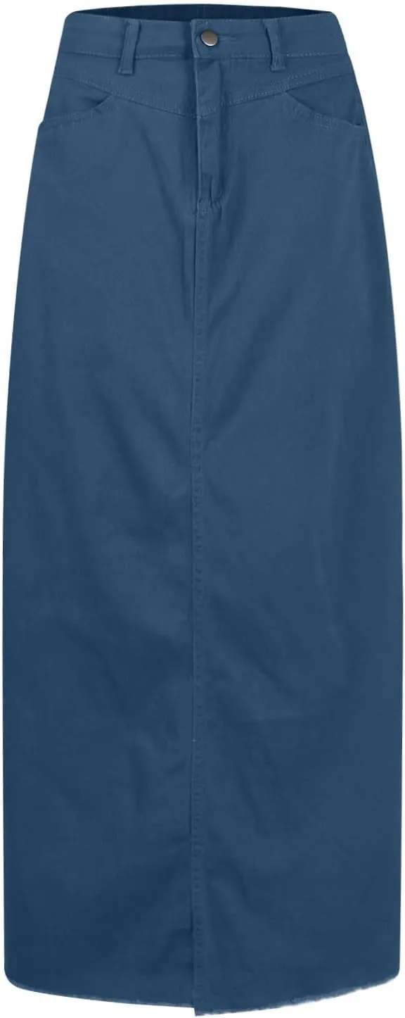Jean Skirts for Women Denim High Waisted Vintage Raw Hem Long Denim Skirt Summer A-line Y2k Maxi Skirt with Pockets