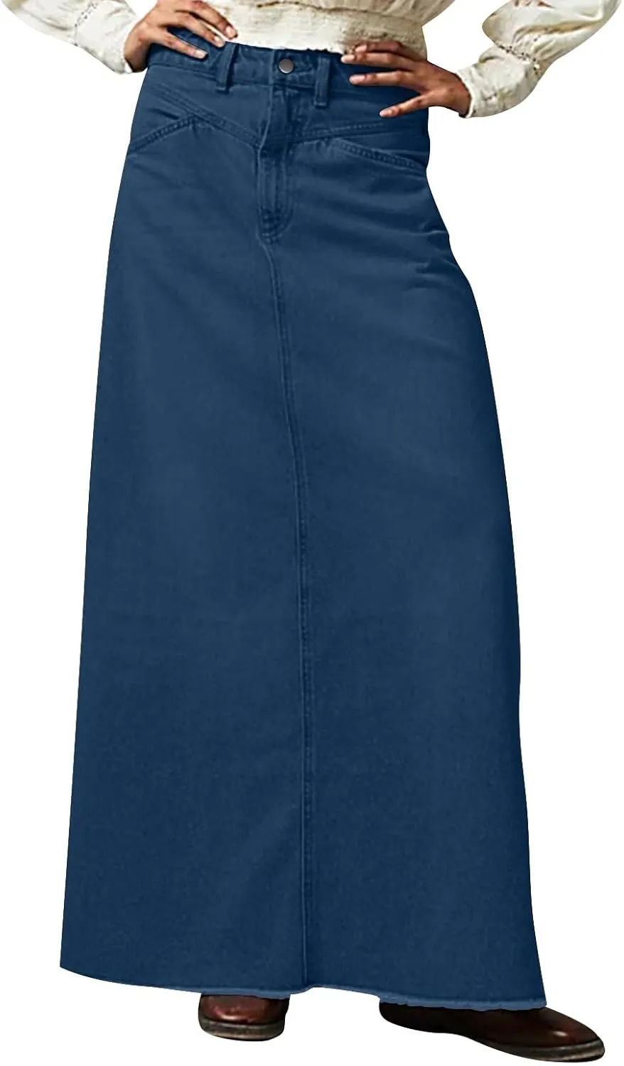Jean Skirts for Women Denim High Waisted Vintage Raw Hem Long Denim Skirt Summer A-line Y2k Maxi Skirt with Pockets
