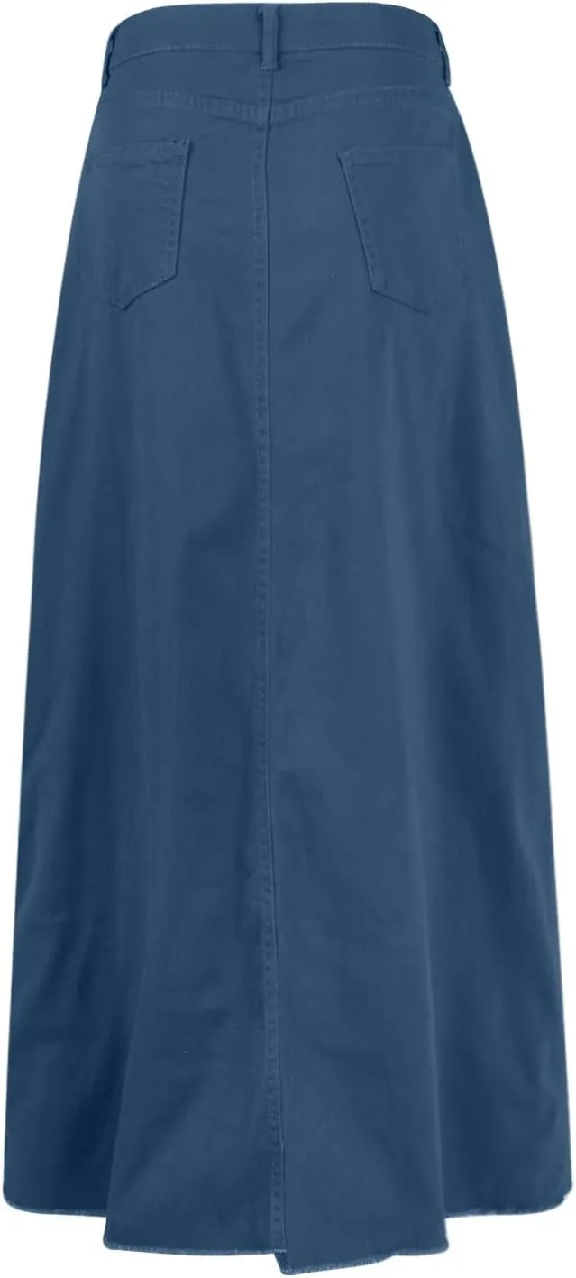 Jean Skirts for Women Denim High Waisted Vintage Raw Hem Long Denim Skirt Summer A-line Y2k Maxi Skirt with Pockets